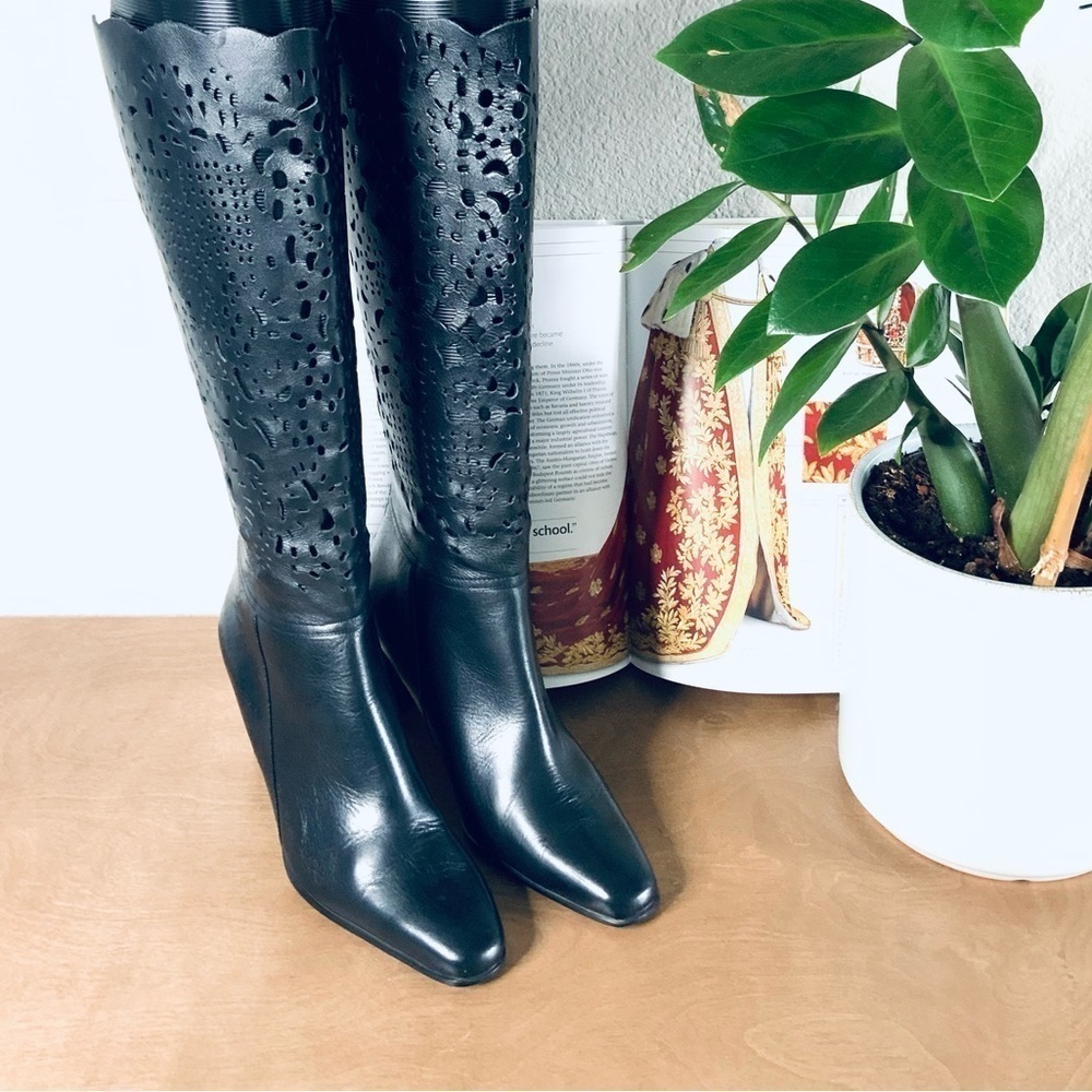 Bellini Celine Black Leather Women Laser Cut Knee High 3.5"Heel Boots - Picture 2 of 5